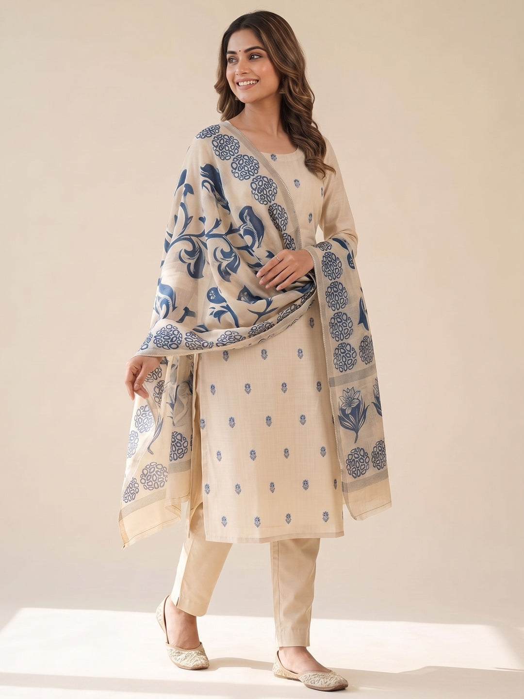 Peachmode Cream & Blue Linen Cotton Dress Material with Ethnic Motifs - Image 4