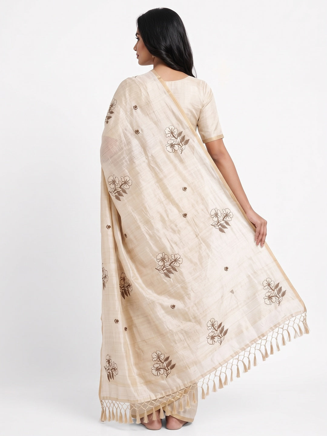 Festive Cream Saree with Exquisite Floral Embroidery Crafted in Art Silk - Image 2