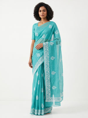 Elegant Turquoise Kota Doria Saree with Intricate Floral Embroidery Detailing - Image 1