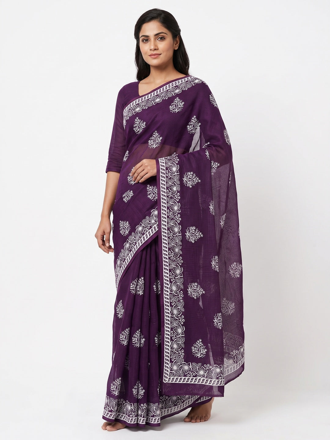 Dark Purple Floral Embroidered Kota Doria Saree - Image 1