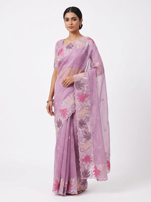 Pink Organza Party Saree with Intricate Floral Embroidery - Image 1