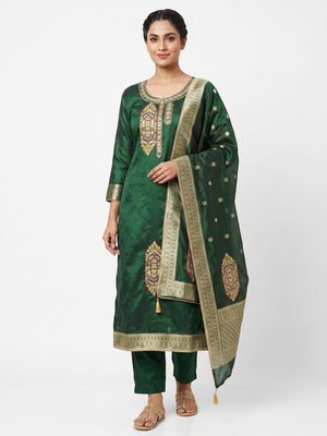 Festive Green Unstitched Dress Material in Zari Weaving Jacquard - Image 1
