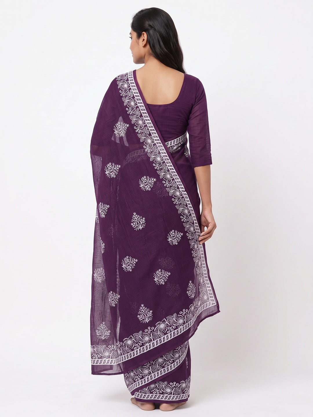 Dark Purple Floral Embroidered Kota Doria Saree - Image 2