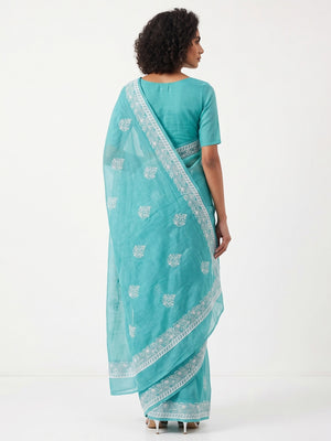 Elegant Turquoise Kota Doria Saree with Intricate Floral Embroidery Detailing - Image 2