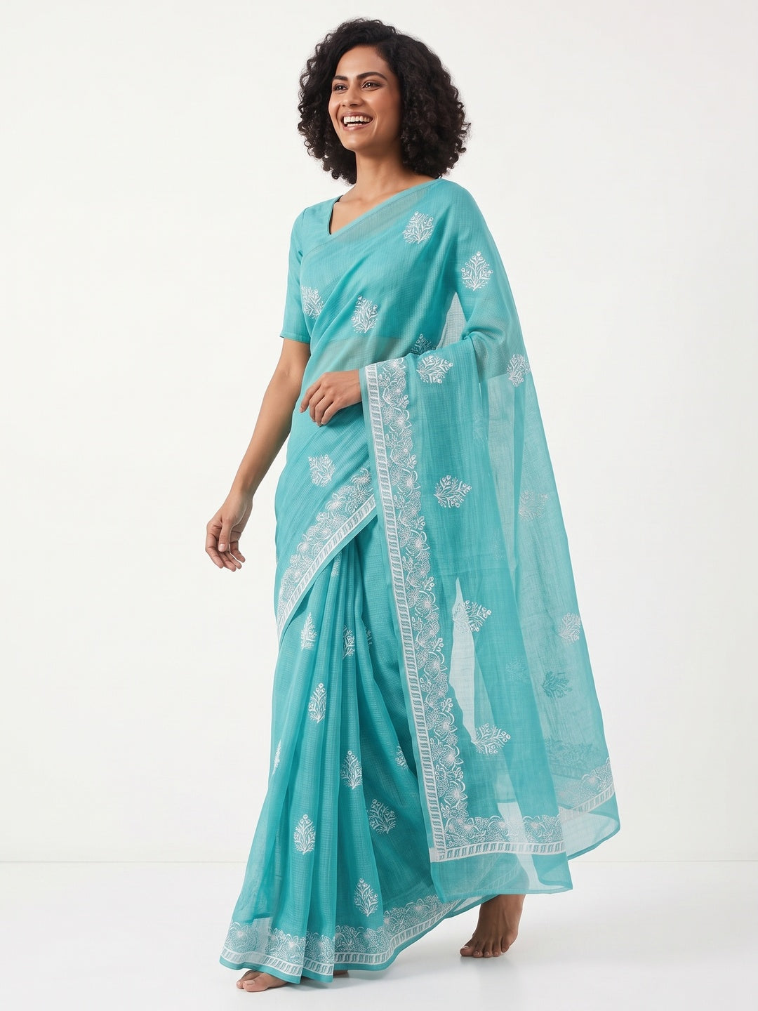 Elegant Turquoise Kota Doria Saree with Intricate Floral Embroidery Detailing - Image 4