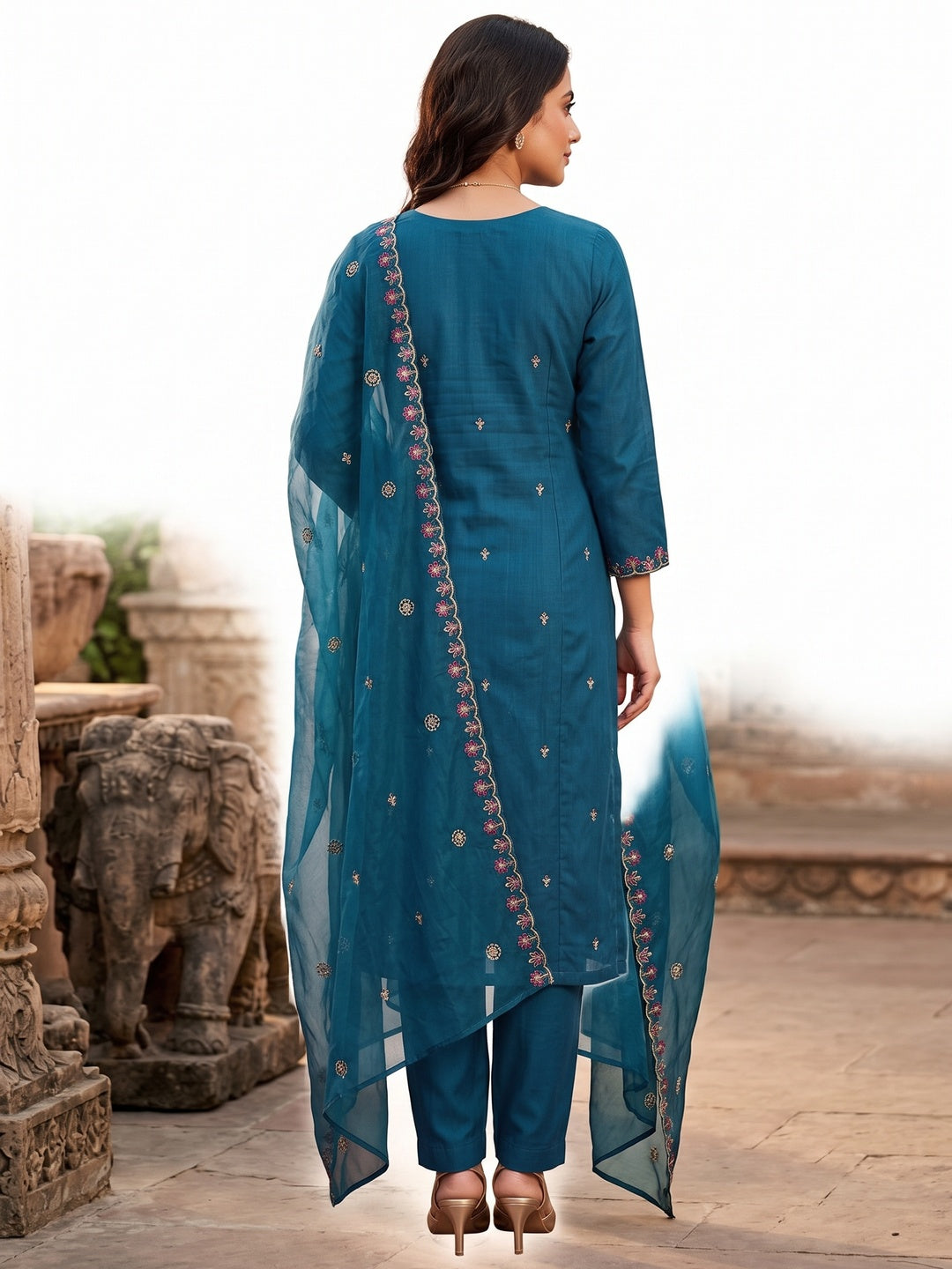 Peachmode Blue Art Silk Dress Material with Floral Embroidery - Image 6