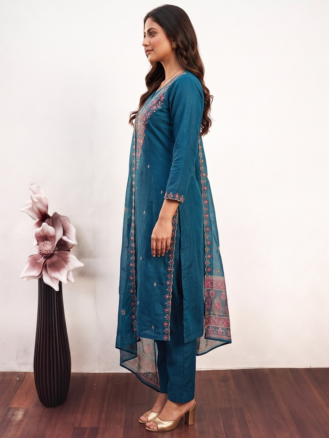 Peachmode Blue Art Silk Dress Material with Floral Embroidery - Image 7