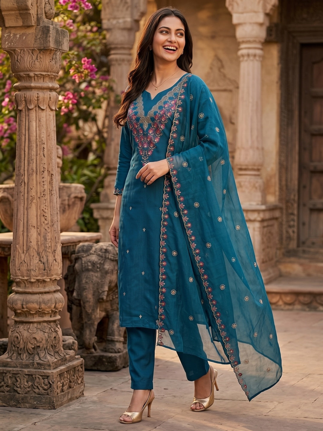 Peachmode Blue Art Silk Dress Material with Floral Embroidery - Image 8