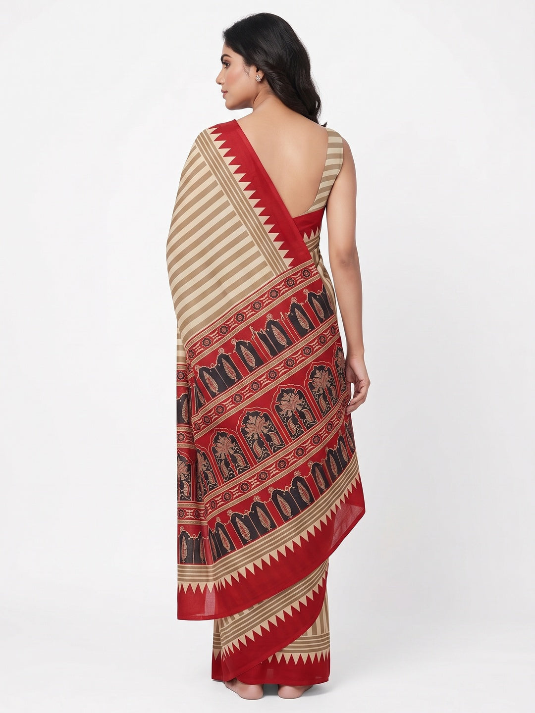 Timeless Chikoo & Red Crepe Silk Blend Saree Featuring Stylish Striped Print Work - Image 2