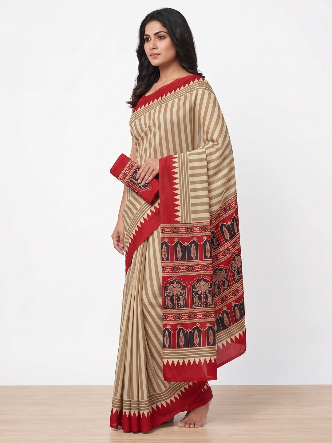 Timeless Chikoo & Red Crepe Silk Blend Saree Featuring Stylish Striped Print Work - Image 3