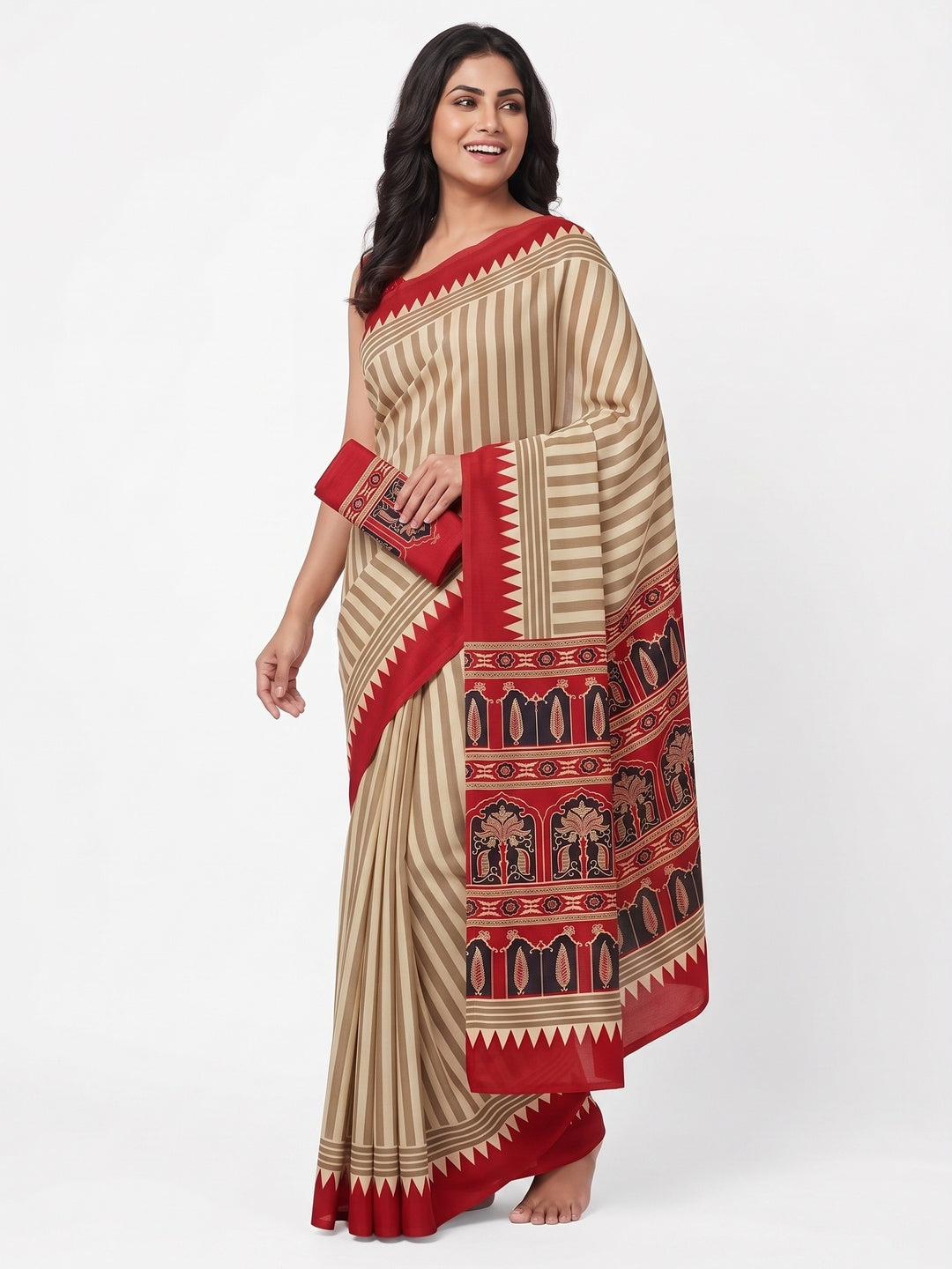Timeless Chikoo & Red Crepe Silk Blend Saree Featuring Stylish Striped Print Work - Image 4