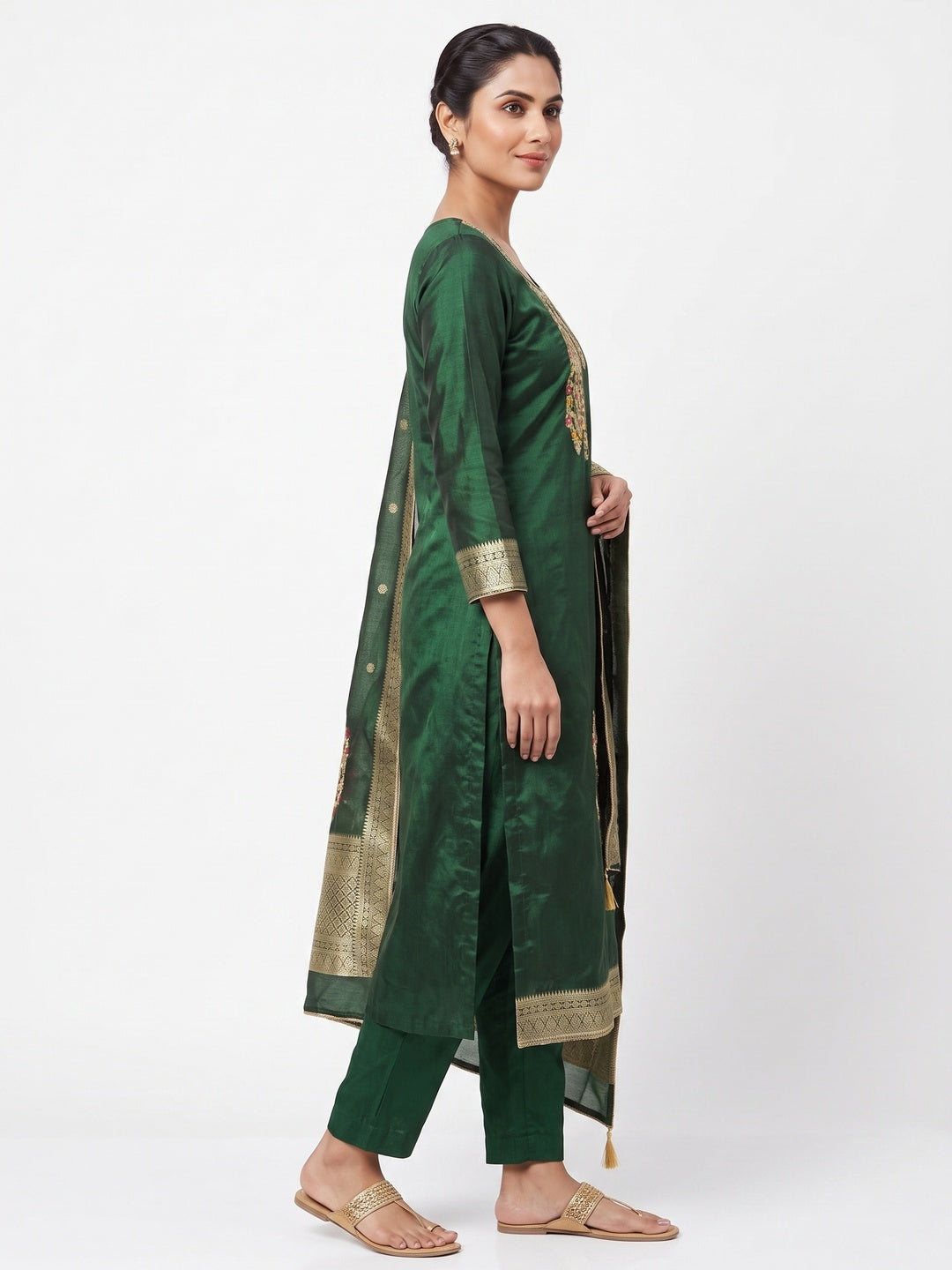 Festive Green Unstitched Dress Material in Zari Weaving Jacquard - Image 2