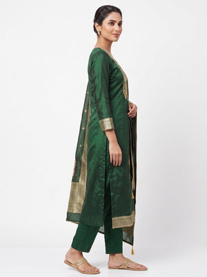 Festive Green Unstitched Dress Material in Zari Weaving Jacquard - Image 2