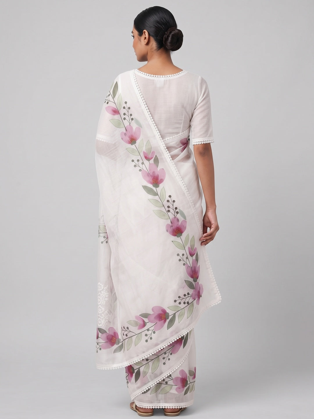 White Saree in Sheer Kota Doria Fabric with Floral Patterns and Intricate Embroidery - Image 2