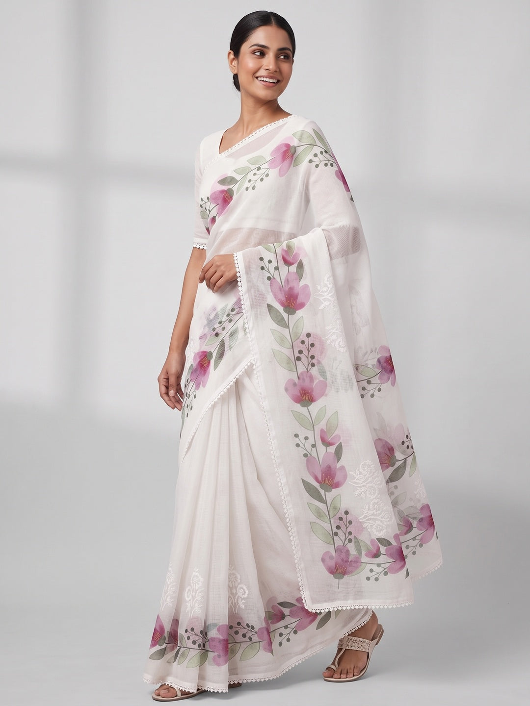 White Saree in Sheer Kota Doria Fabric with Floral Patterns and Intricate Embroidery - Image 4
