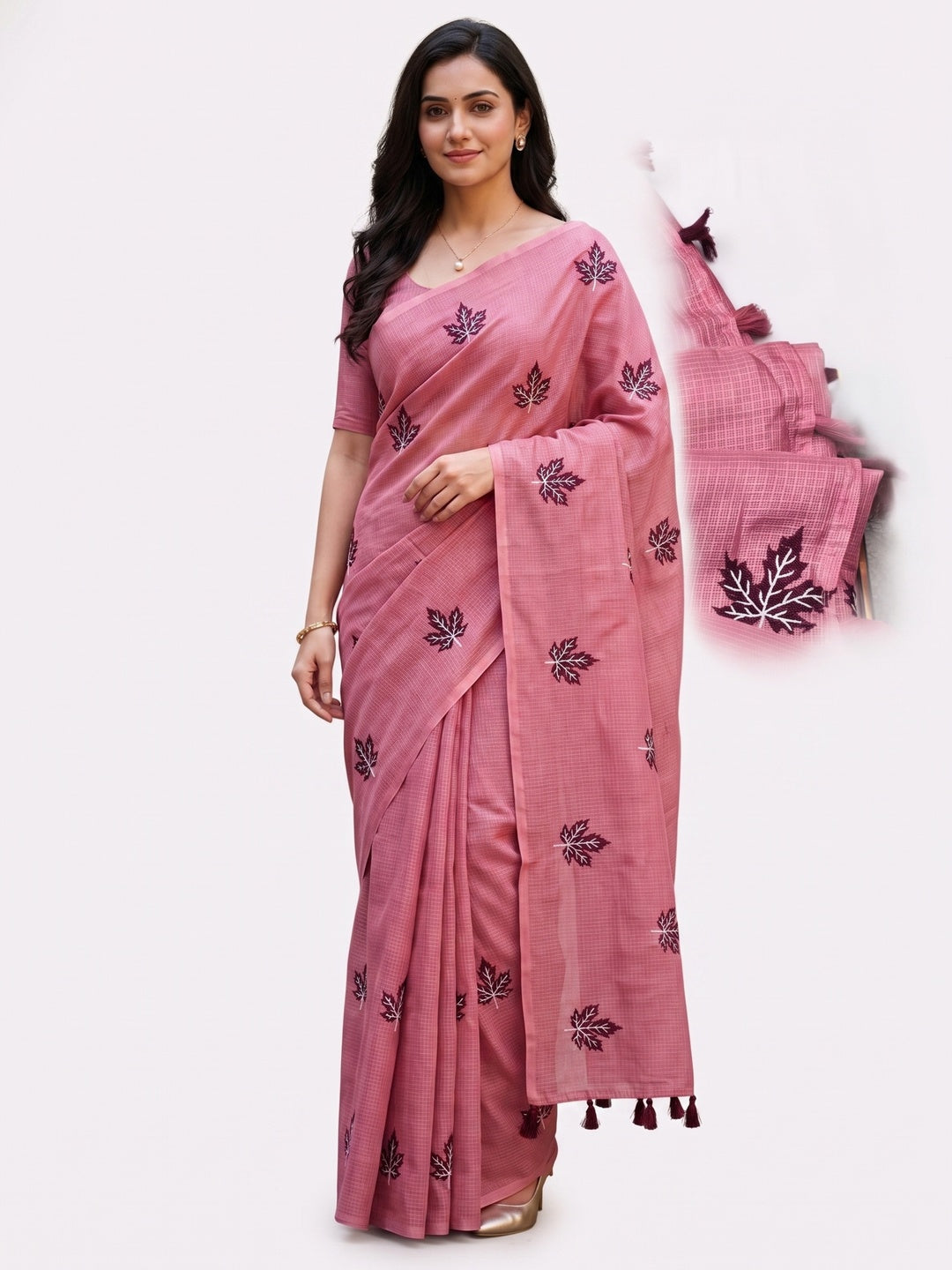 Peachmode Pink Kota Doria Embroidered Saree - Image 4