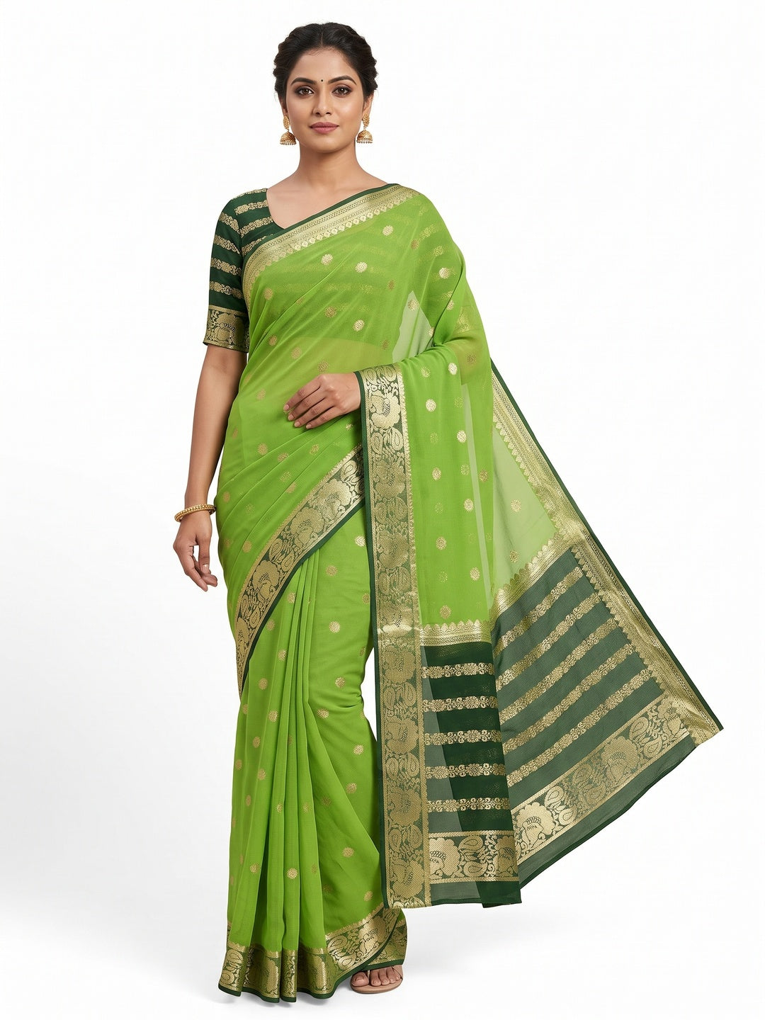 Green Saree In Pure Viscose Featuring Intricate Floral Zari Weaving - Image 1