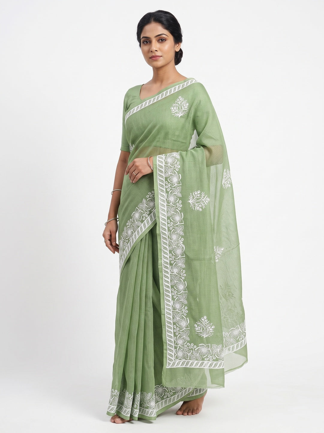 Elegant Ligth Green Kota Doria Saree with Intricate Floral Embroidery Detailing - Image 1
