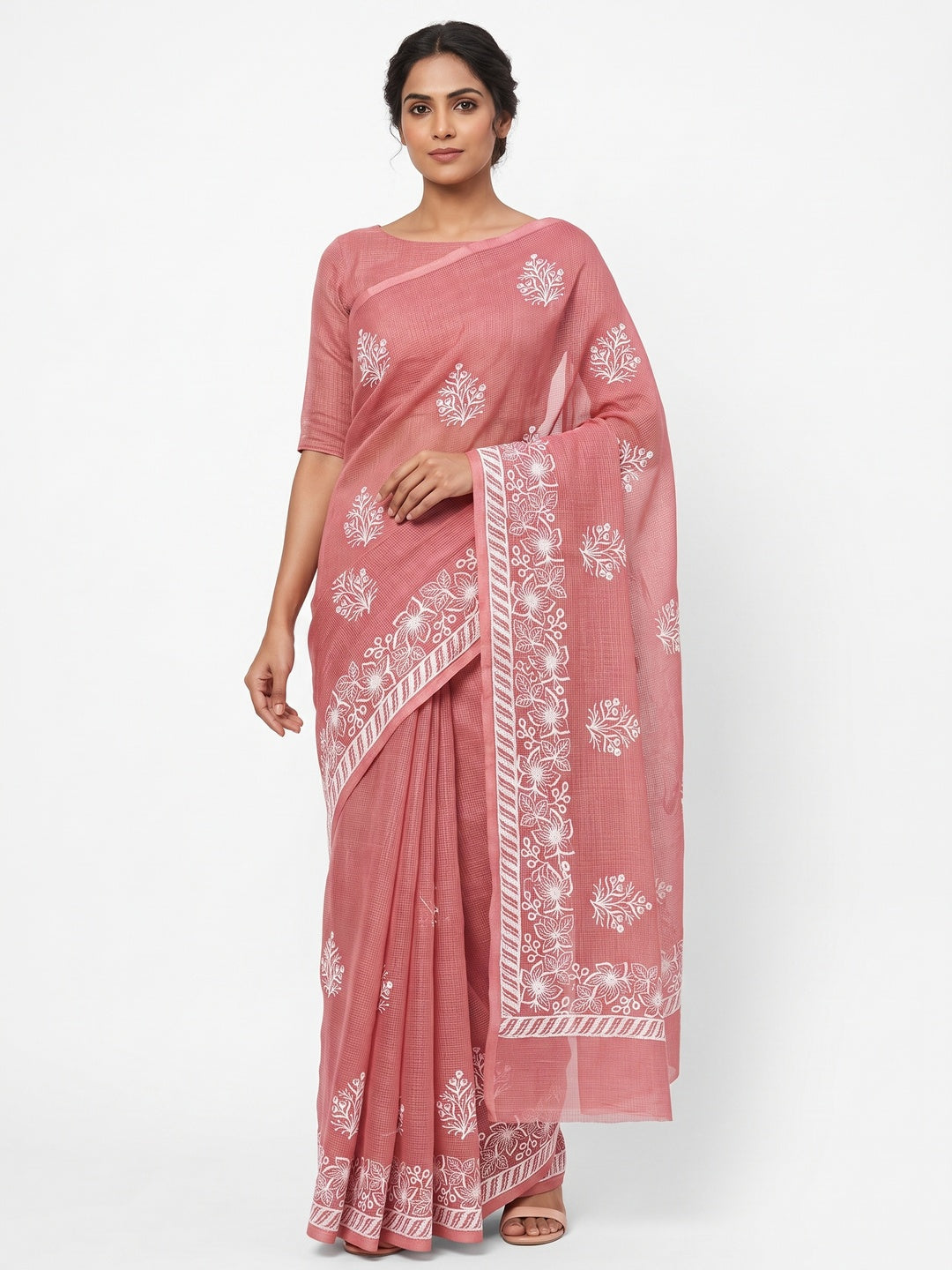 Elegant Peach Kota Doria Saree with Intricate Floral Embroidery Detailing - Image 1