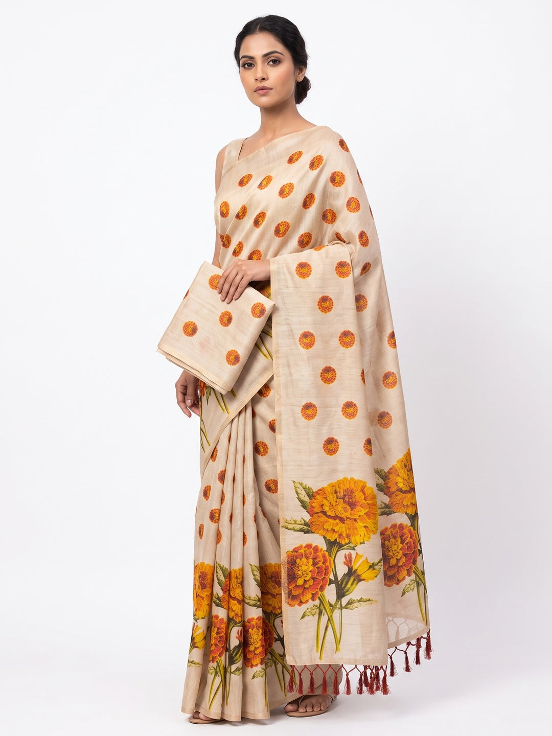 Chikoo Floral Art Silk Saree with Elegant Print - Image 1
