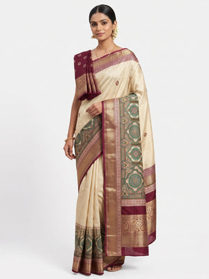 Wine Woven Border Saree in Lustrous Dola Silk with Print Accents - Image 1