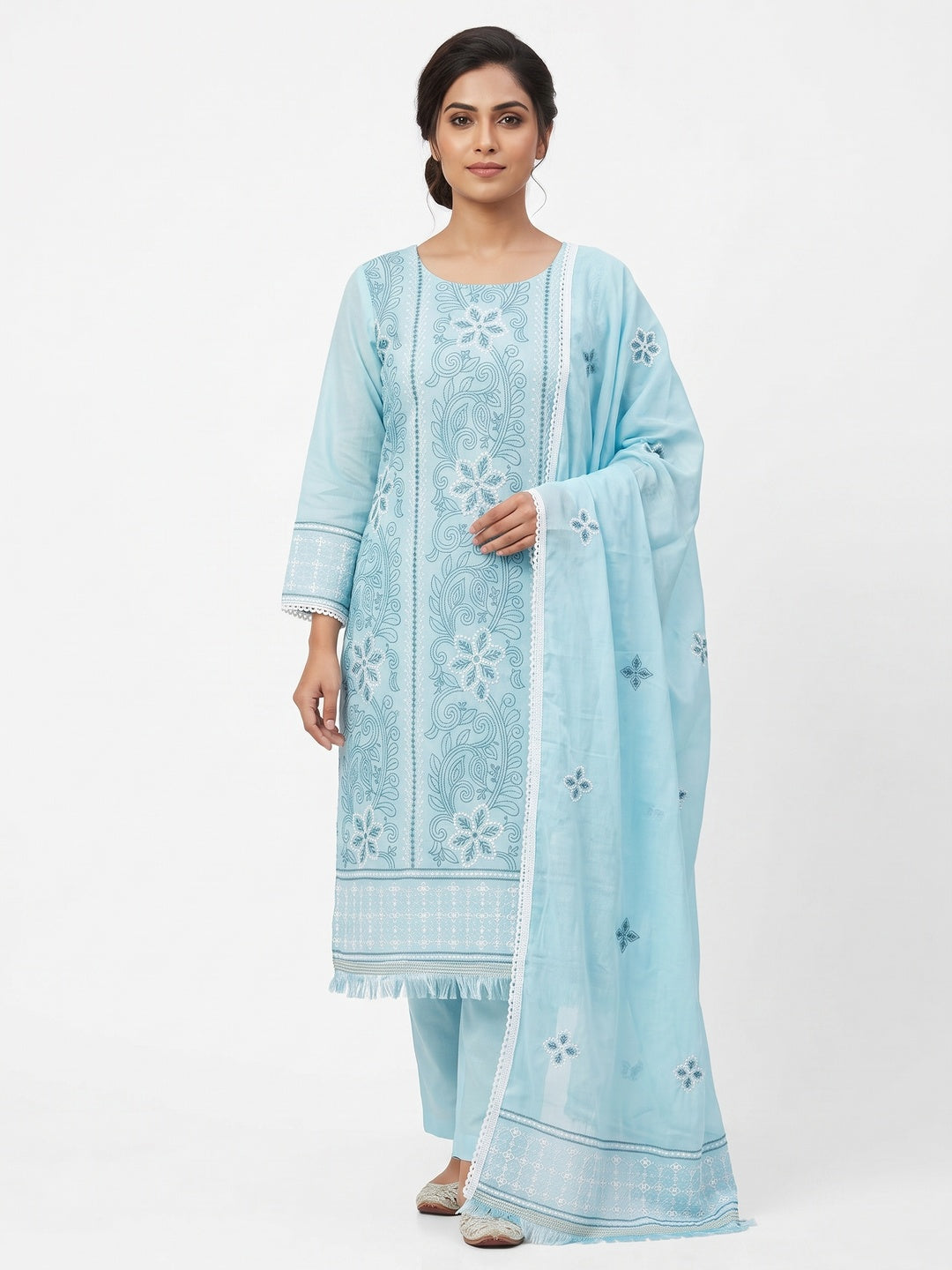 Blue Cotton Blend Dress Material With Intricate Floral Thread Embroidery Work - Image 1