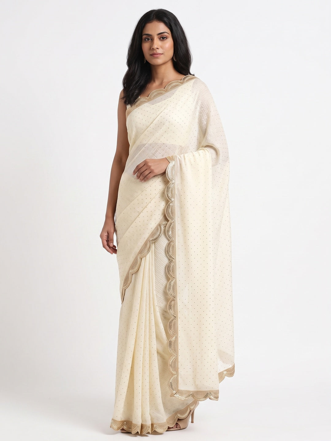 Designer Cream Satin Drape with Fine Sequins Embellishment - Image 1