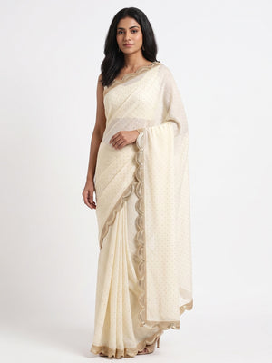 Designer Cream Satin Drape with Fine Sequins Embellishment - Image 1