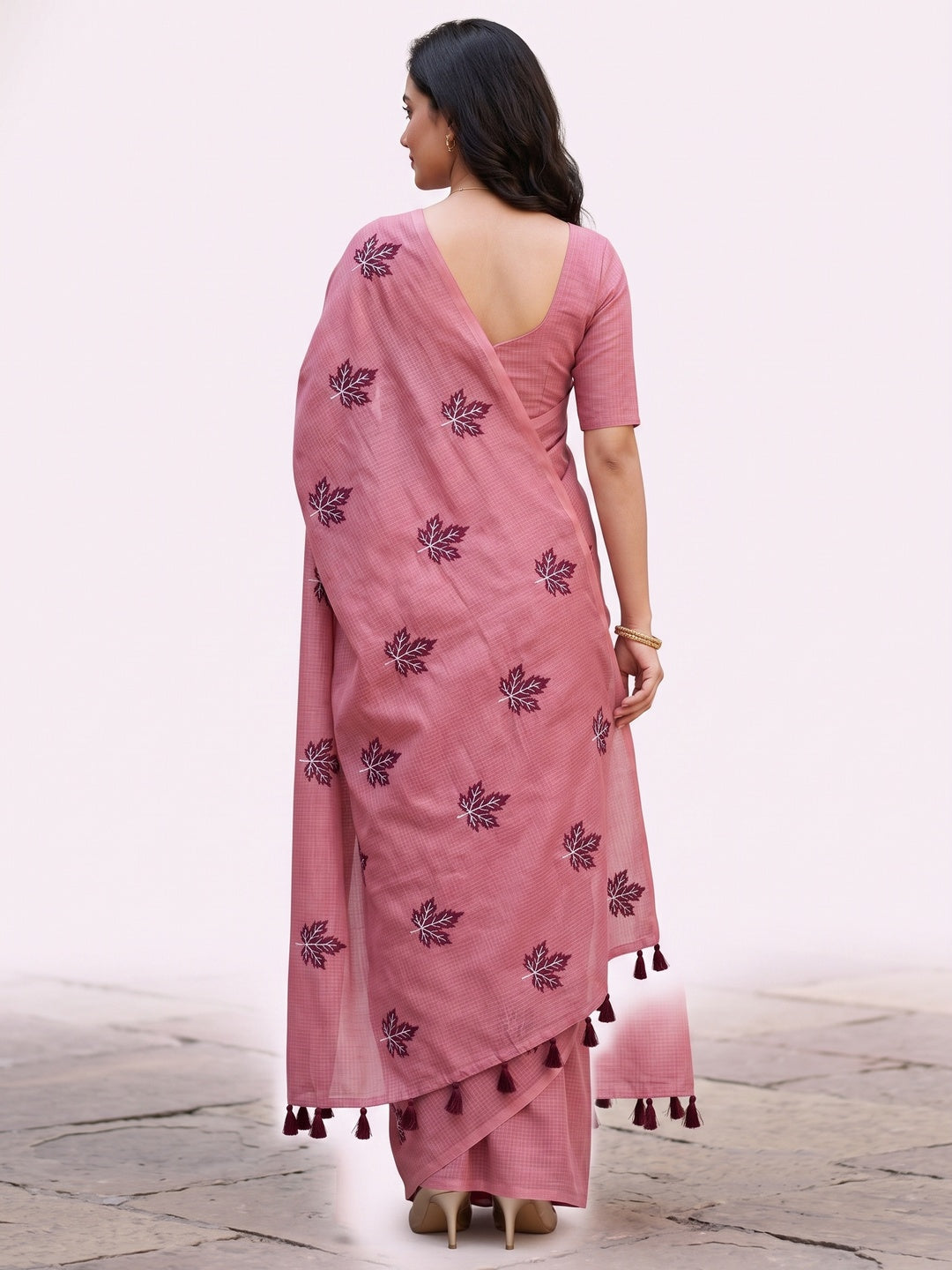 Peachmode Pink Kota Doria Embroidered Saree - Image 5