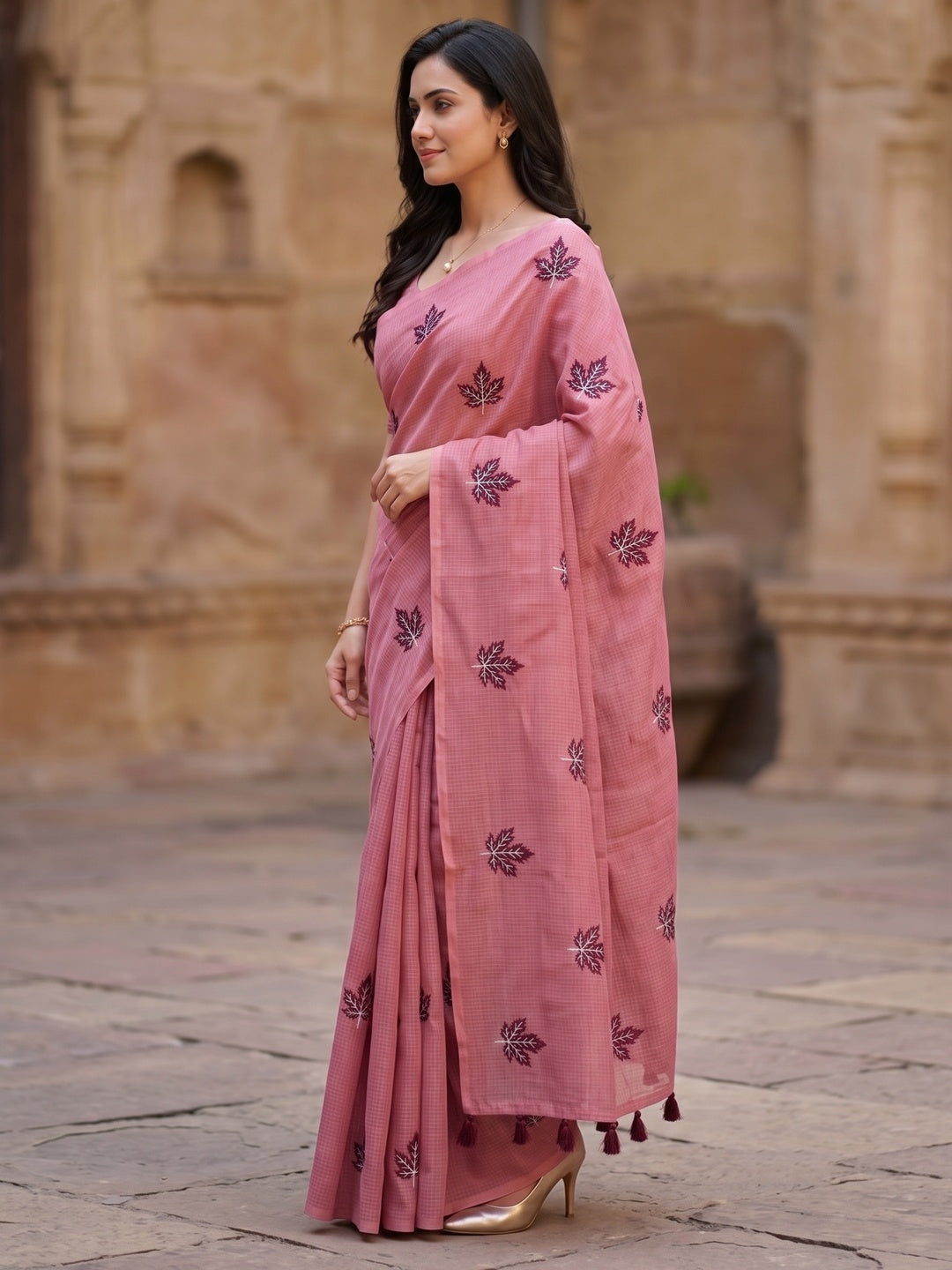 Peachmode Pink Kota Doria Embroidered Saree - Image 6