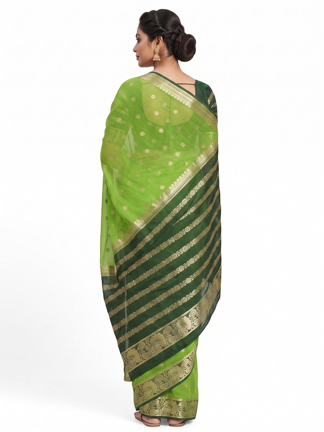 Green Saree In Pure Viscose Featuring Intricate Floral Zari Weaving - Image 2
