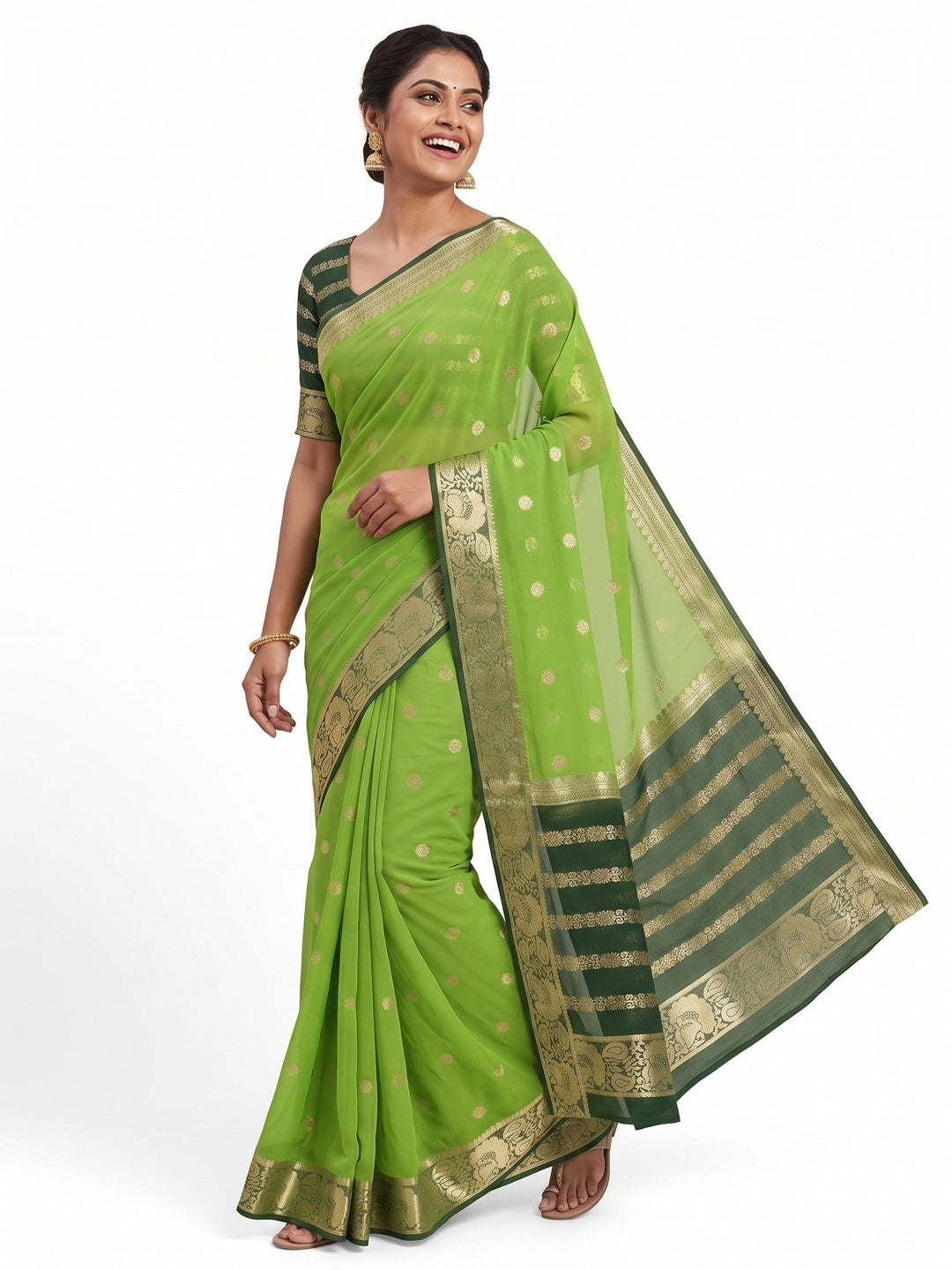 Green Saree In Pure Viscose Featuring Intricate Floral Zari Weaving - Image 4