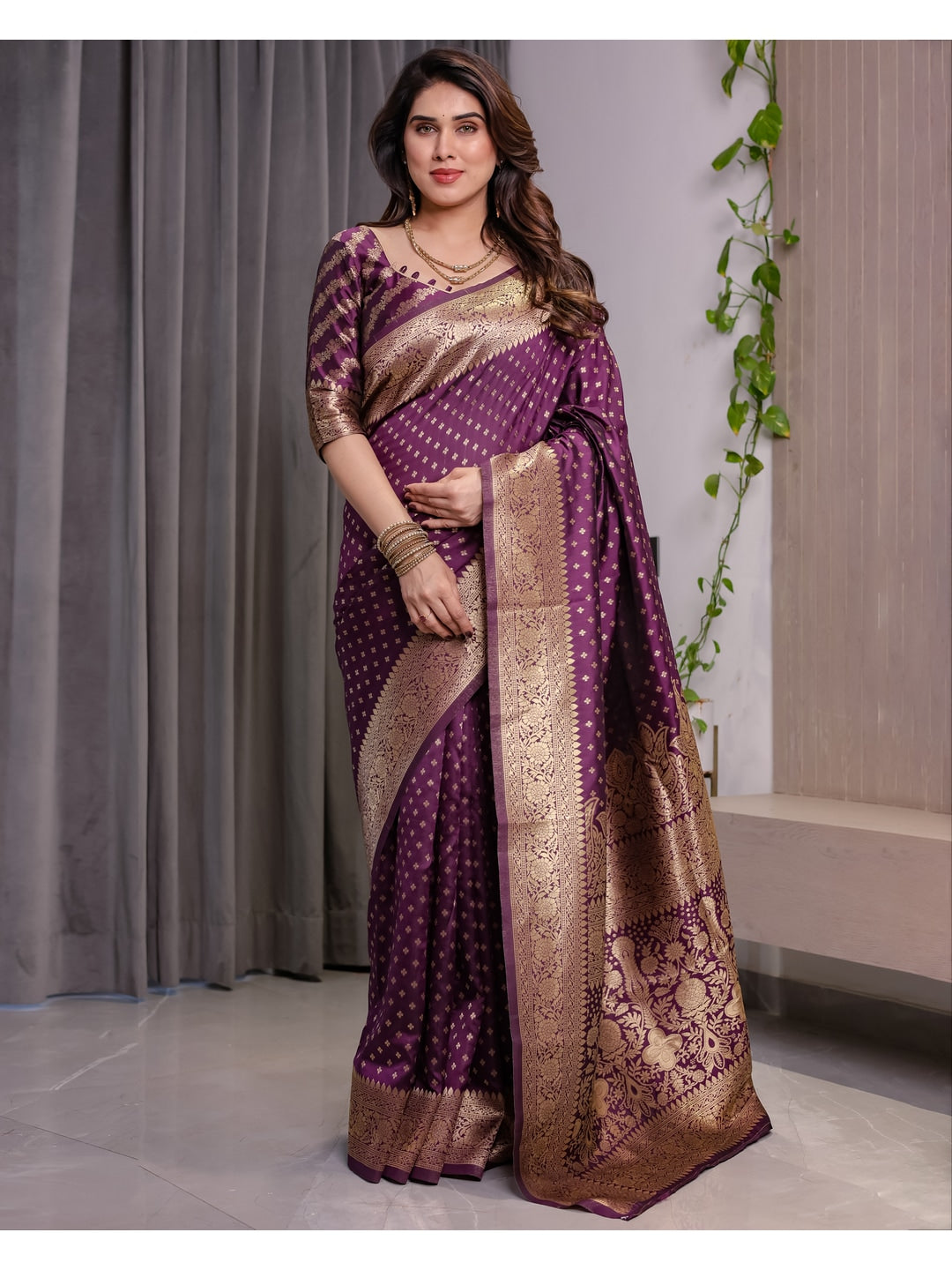 Wine Soft Lichi Silk Saree with Zari Woven Border - Image 1