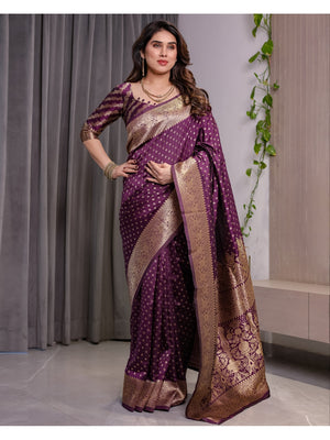 Wine Soft Lichi Silk Saree with Zari Woven Border - Image 2