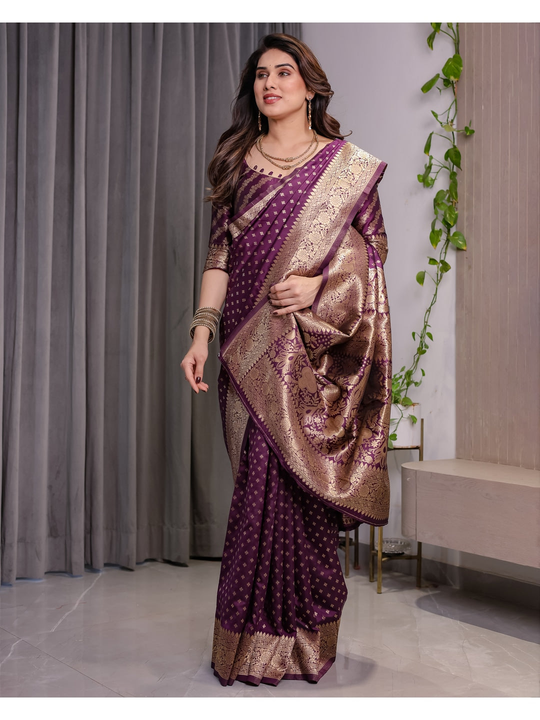 Wine Soft Lichi Silk Saree with Zari Woven Border - Image 5