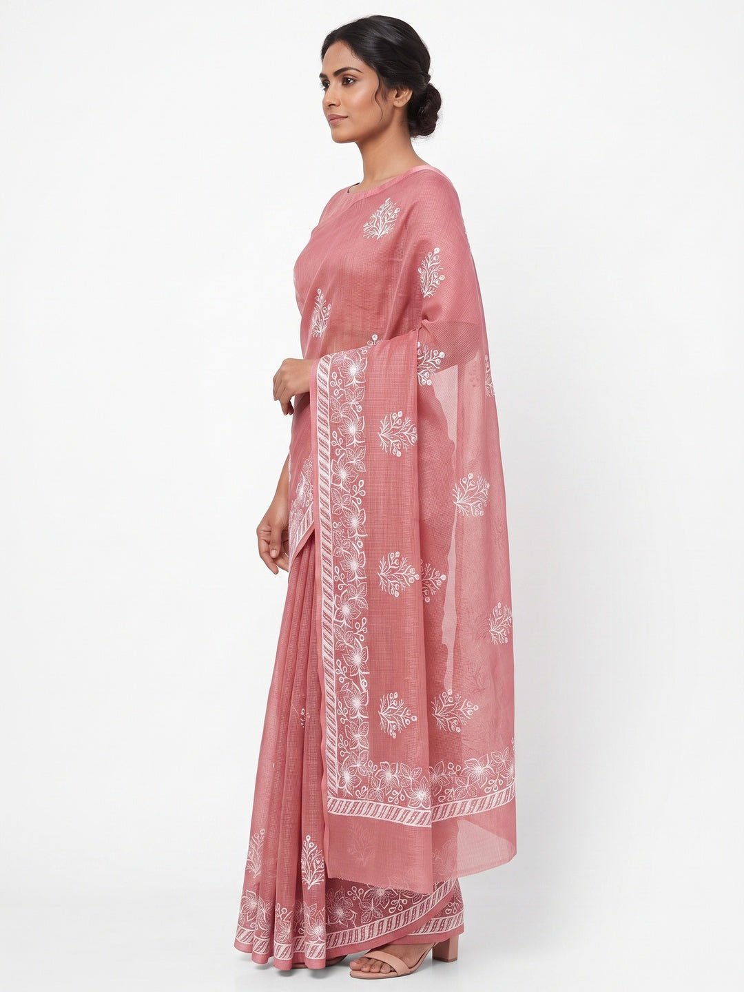 Elegant Peach Kota Doria Saree with Intricate Floral Embroidery Detailing - Image 3