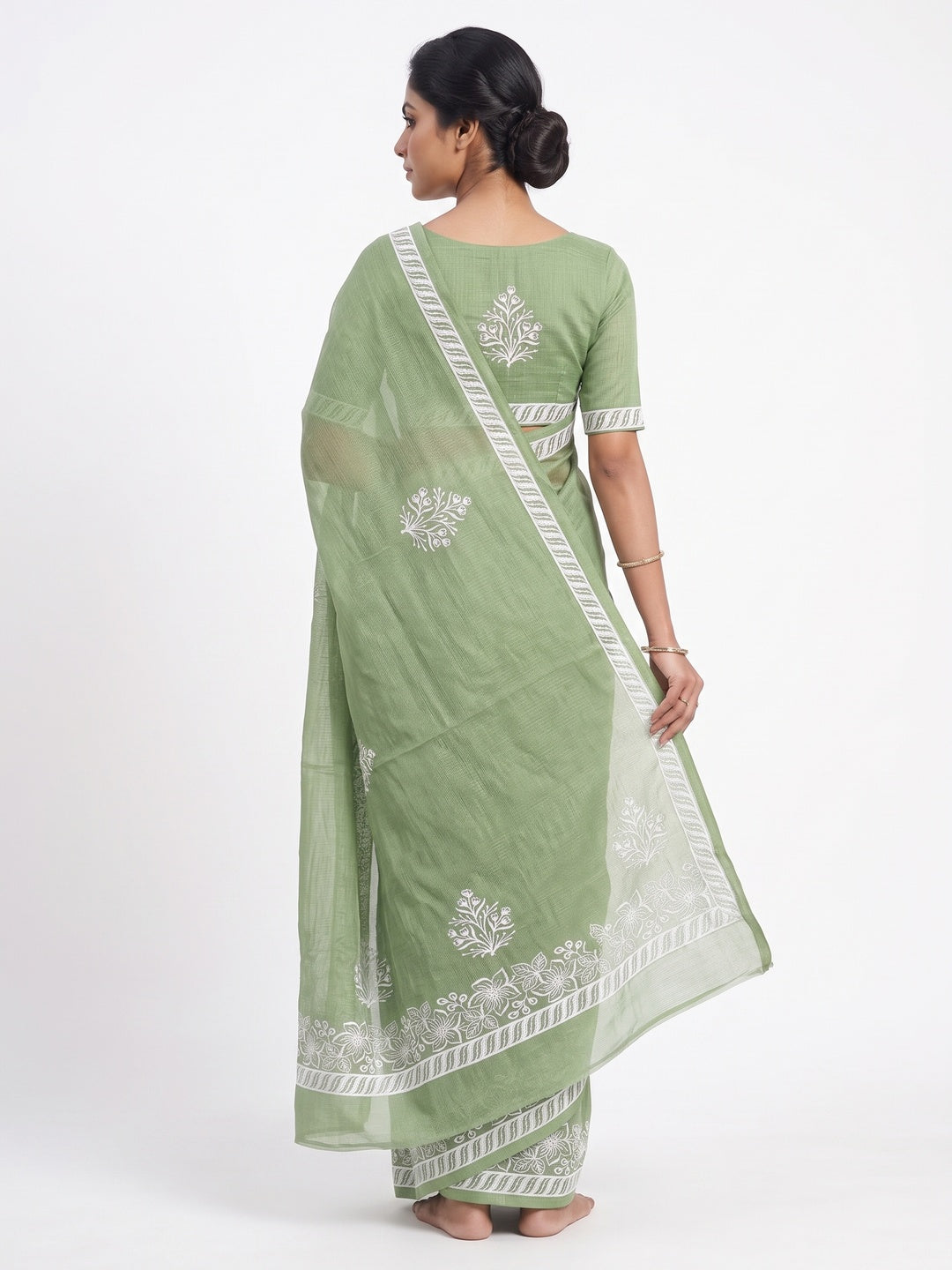 Elegant Ligth Green Kota Doria Saree with Intricate Floral Embroidery Detailing - Image 2