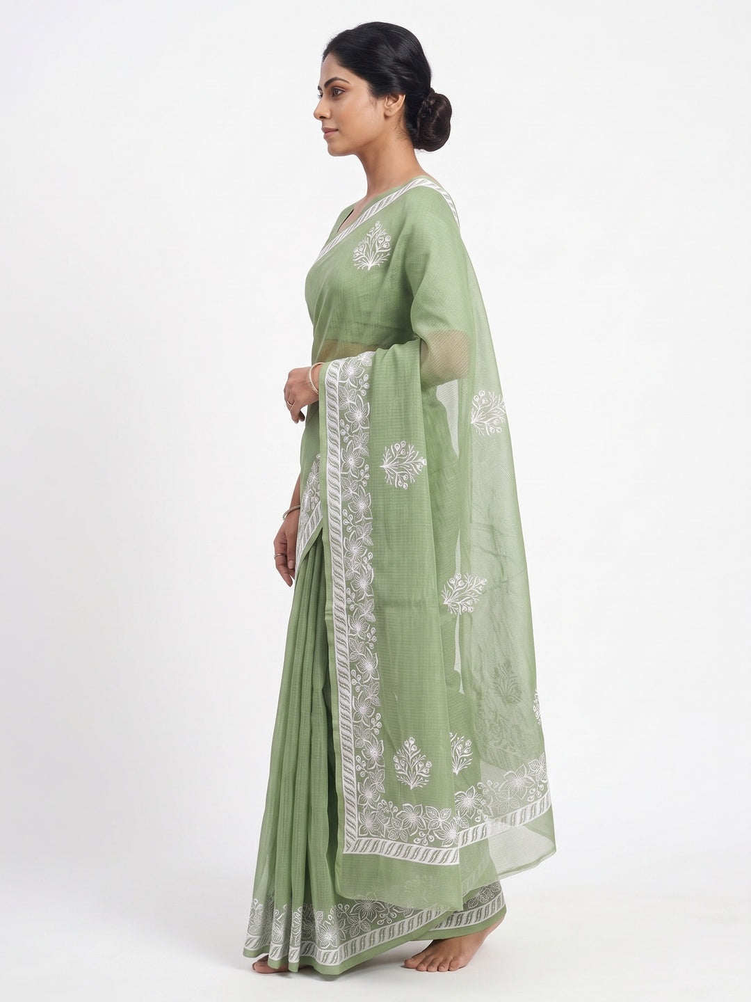 Elegant Ligth Green Kota Doria Saree with Intricate Floral Embroidery Detailing - Image 3