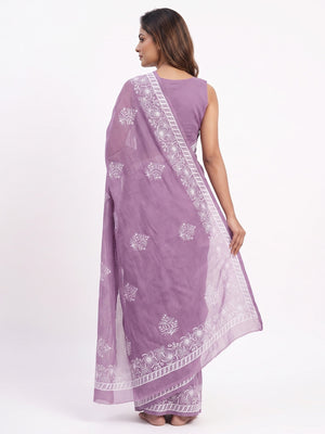 Elegant Light Purple Kota Doria Saree with Intricate Floral Embroidery Detailing - Image 2