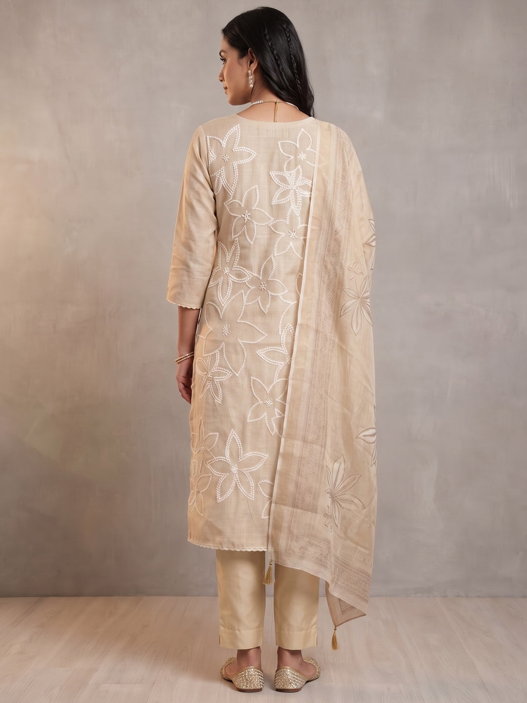 Peachmode Cream Linen Dress Material with Floral - Image 2