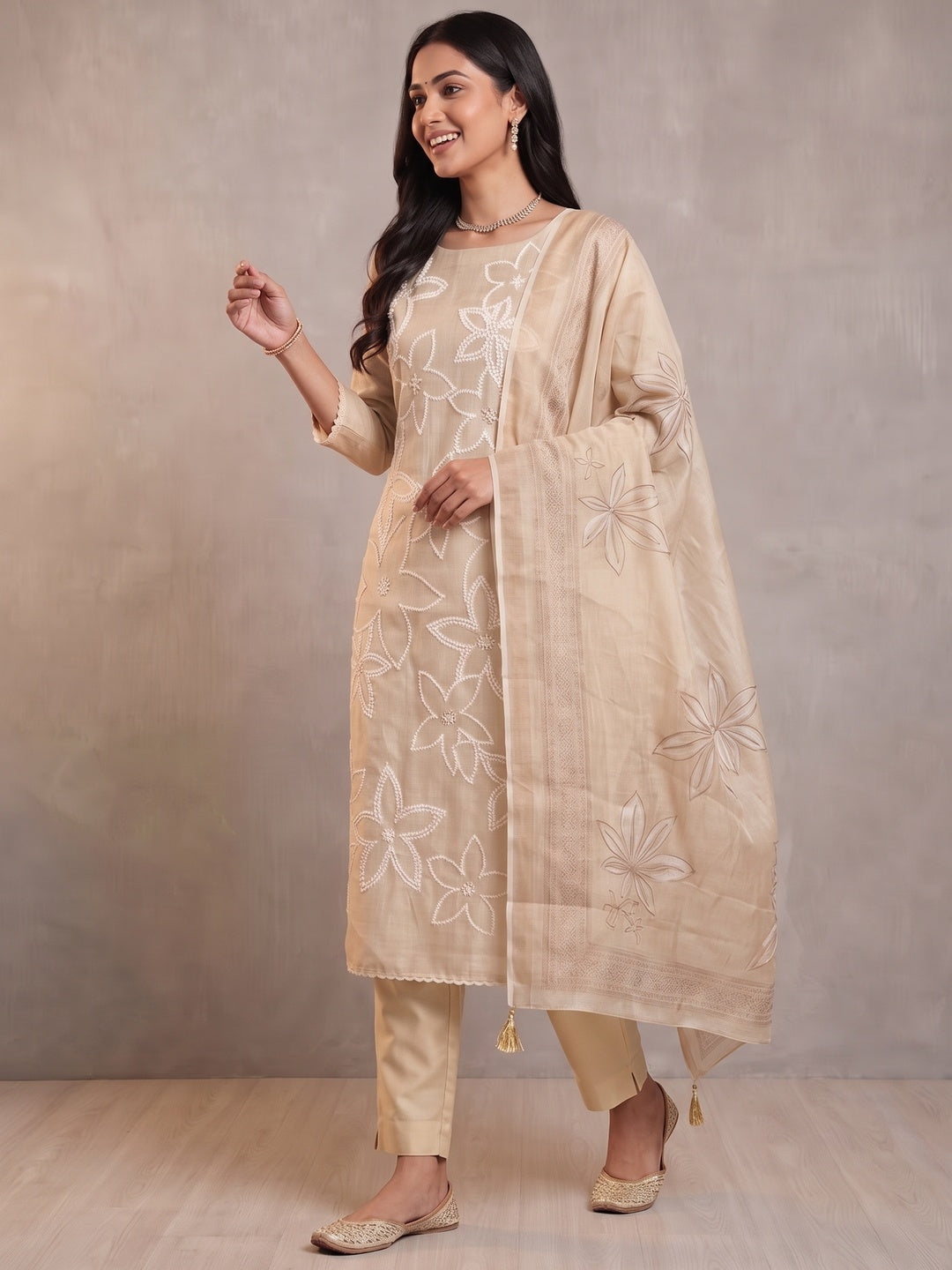 Peachmode Cream Linen Dress Material with Floral - Image 4