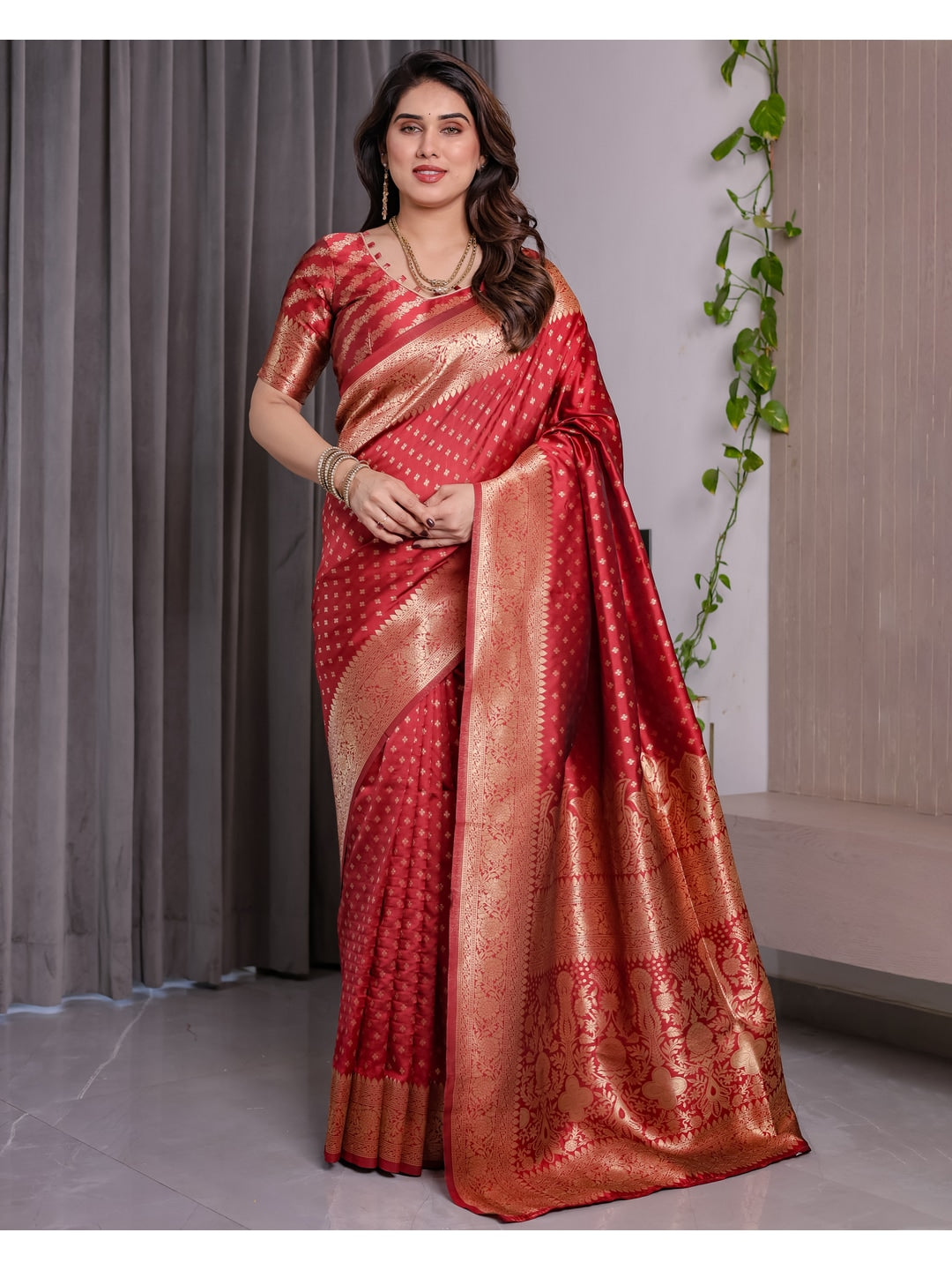 Red Soft Lichi Silk Saree with Zari Woven Border - Image 1