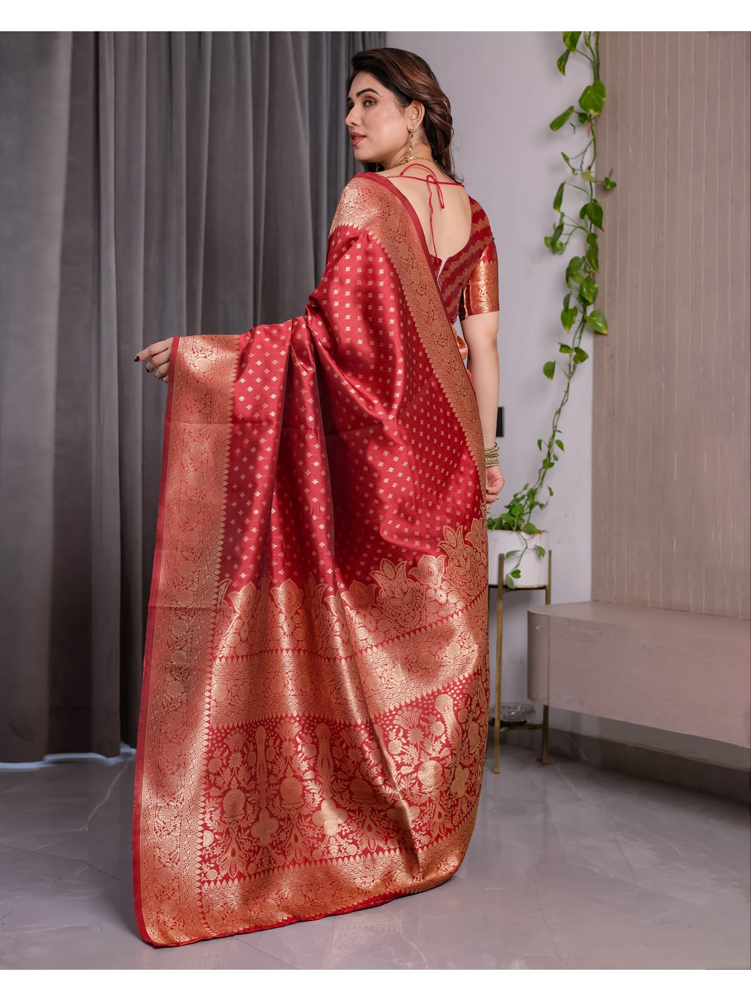 Red Soft Lichi Silk Saree with Zari Woven Border - Image 3