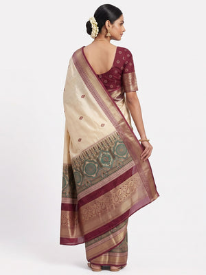 Wine Woven Border Saree in Lustrous Dola Silk with Print Accents - Image 2