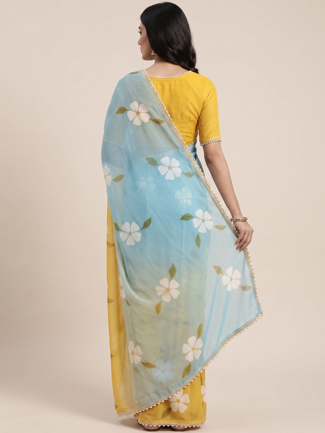 Peachmode Mustard Yellow Georgette Floral Printed Saree - Image 2