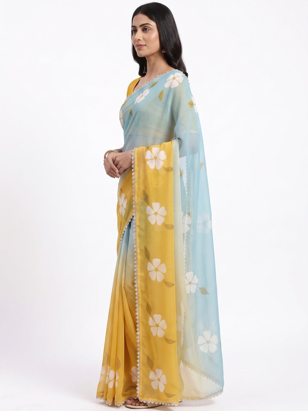 Peachmode Mustard Yellow Georgette Floral Printed Saree - Image 3
