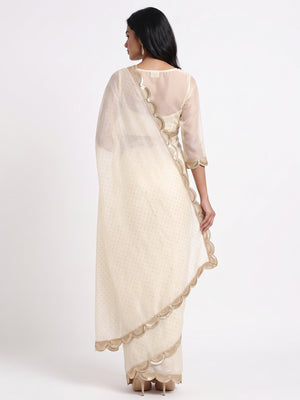 Designer Cream Satin Drape with Fine Sequins Embellishment - Image 2