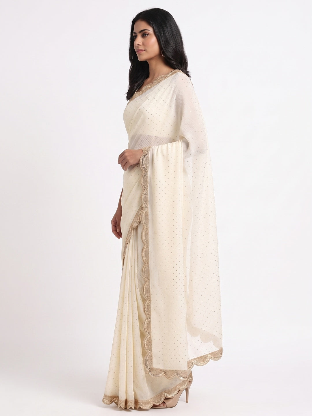 Designer Cream Satin Drape with Fine Sequins Embellishment - Image 3