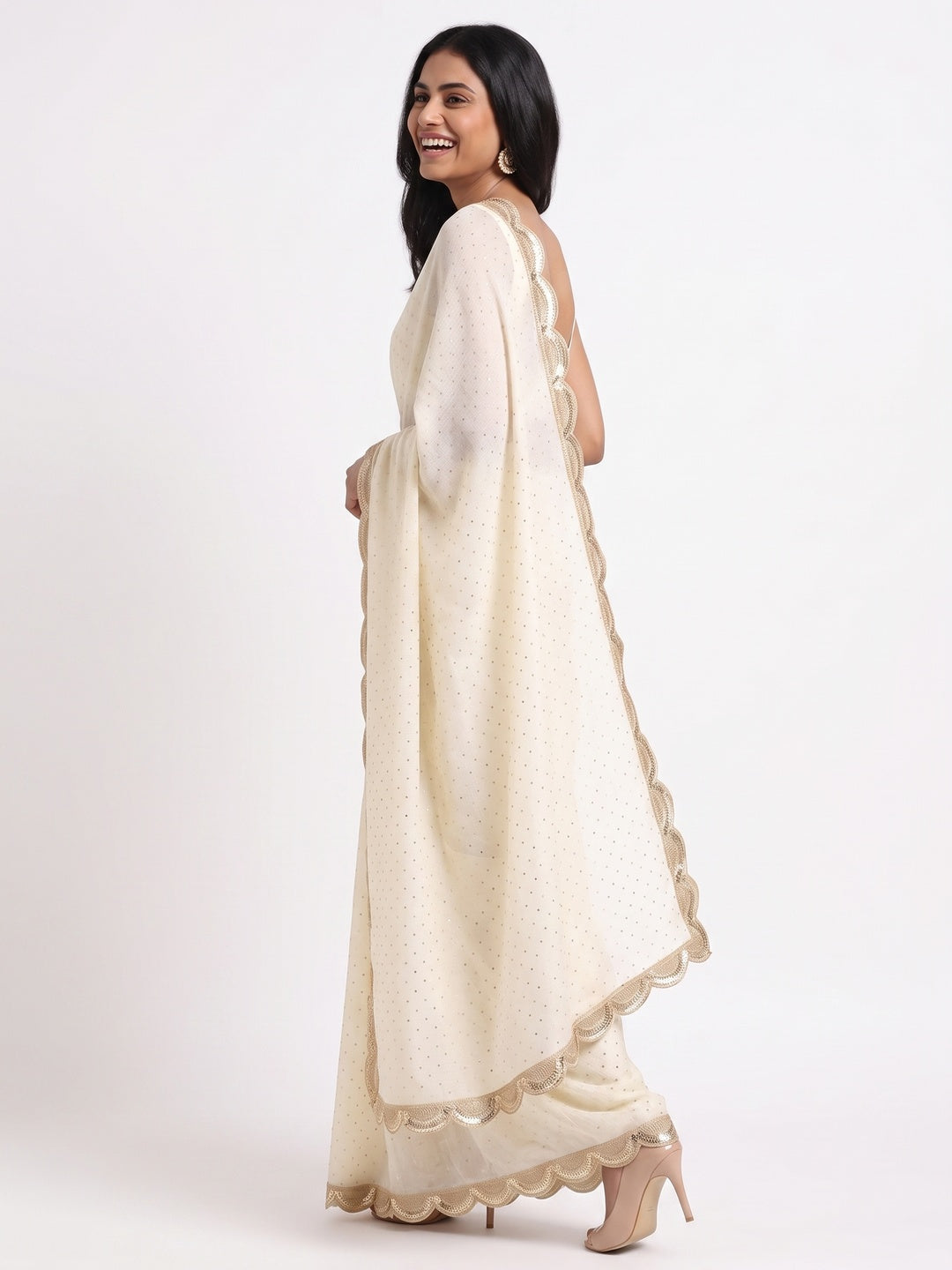 Designer Cream Satin Drape with Fine Sequins Embellishment - Image 4