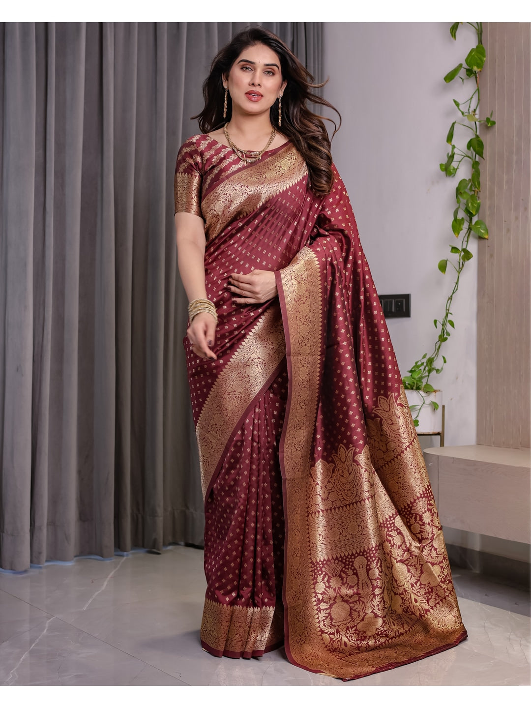 Maroon Soft Lichi Silk Saree with Zari Woven Border - Image 1